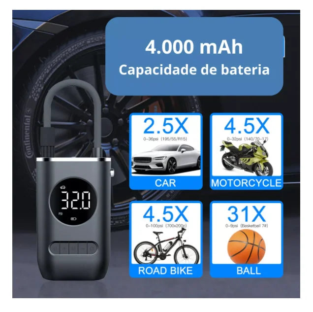 Bomba De Ar Compressor Portátil Calibrador Digital Lanterna